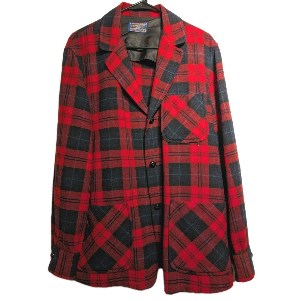 Vtg Pendleton Mens M Buffalo Red/Green Plaid Wool Shacket Patch 3 Pockets EUC